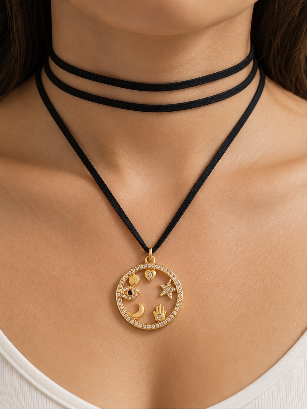 Gold Celestial Charm Pendant Necklace - Black Cord 18K Real Gold Plated